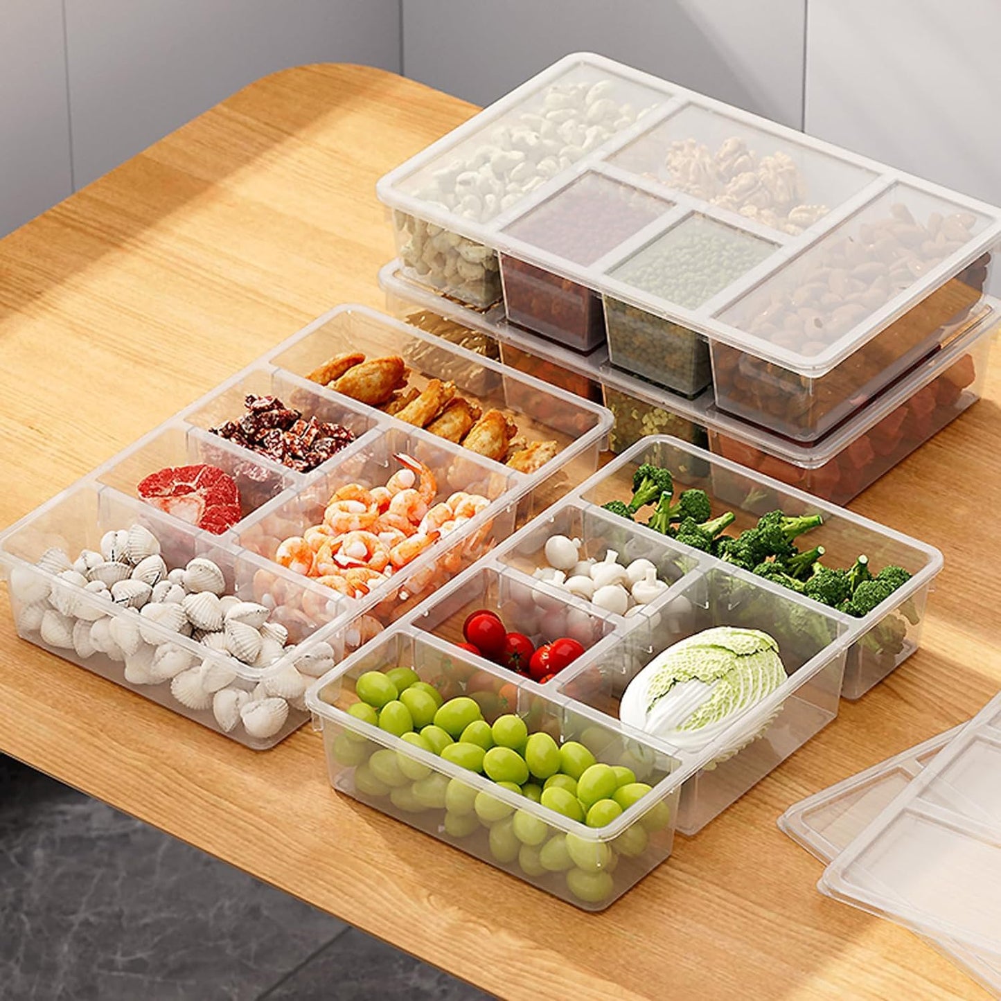 5 Compartment Plastic Divided Veggie Tray with Lid