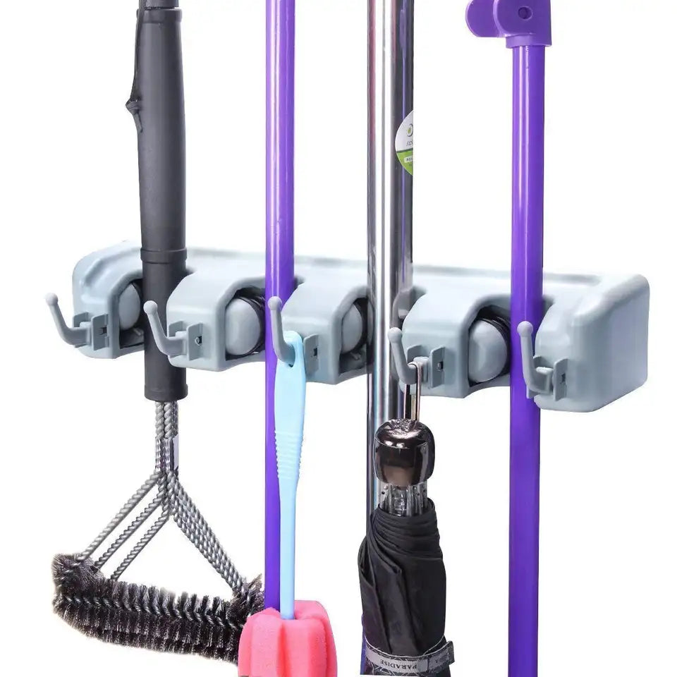 Wall Mounted Mop Holder with 4 Slot & 5 Hooks