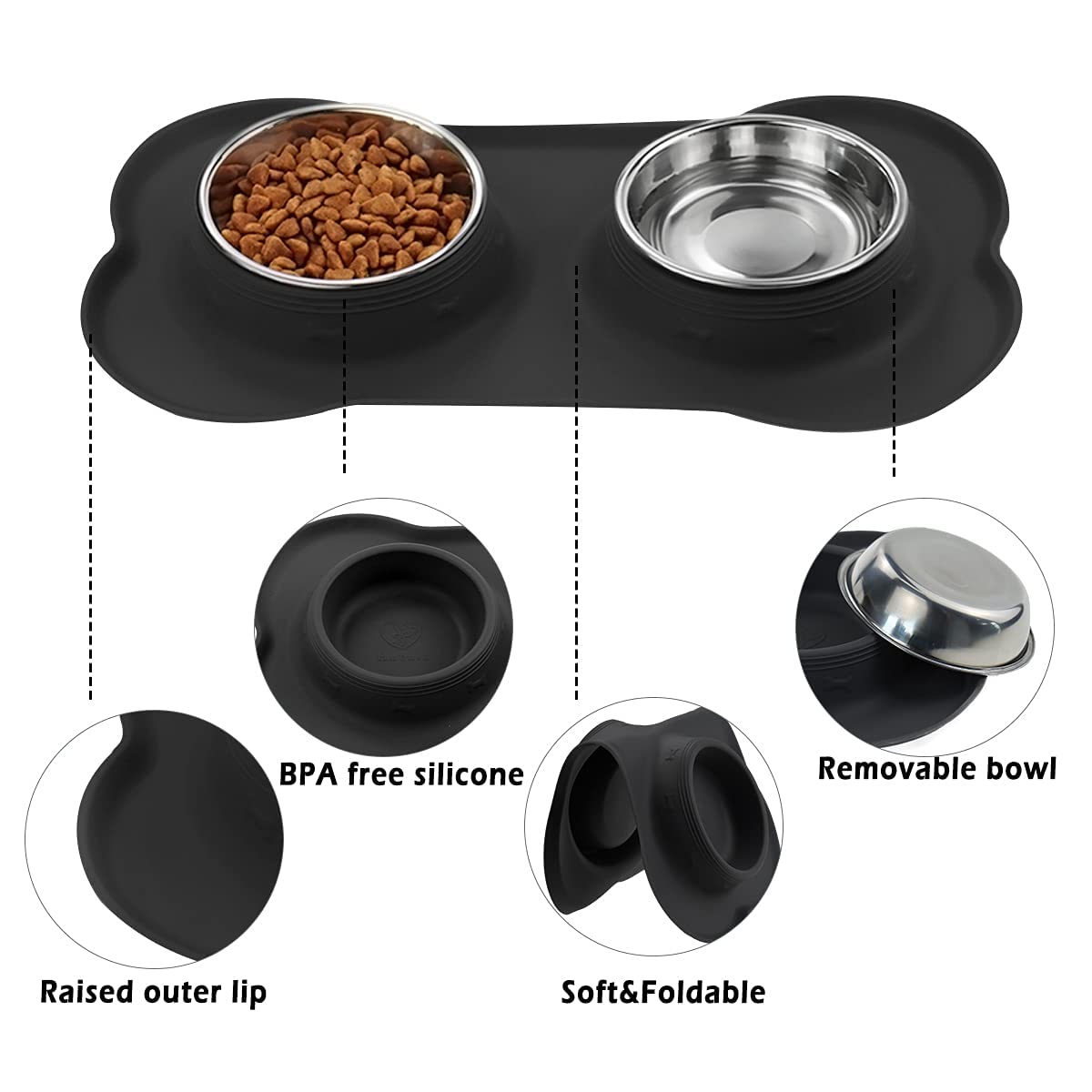 Stainless Steel Pet Food Bowl with Foldable Silicon Mat